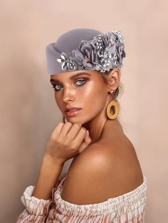 Women\'s British Felt hat Church Derby Headdress Floral Beret hat Grey main image 5